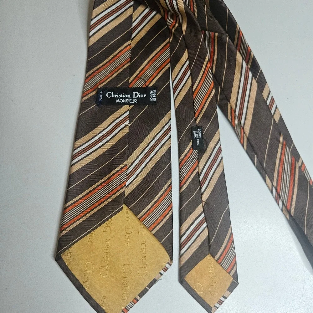 Vintage Christian Dior Monsieur Silk Tie Brown Orange Striped Made in France